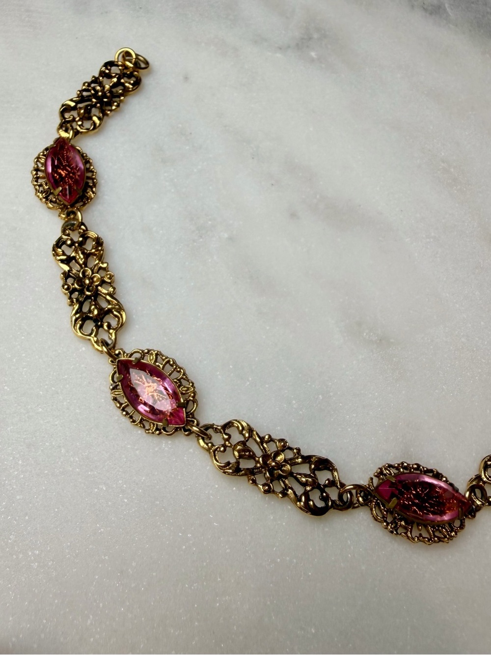 Vintage Filigree Gold-Tone Bracelet with Pink Marquise Crystals